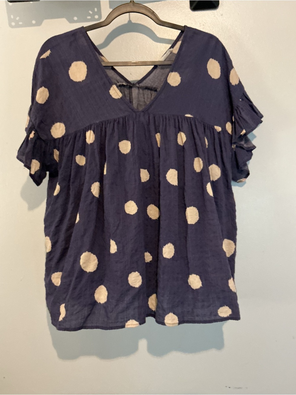 BUCKETLIST Navy Blue Polka Dot Ruffle Sleeve V-Neck Top
